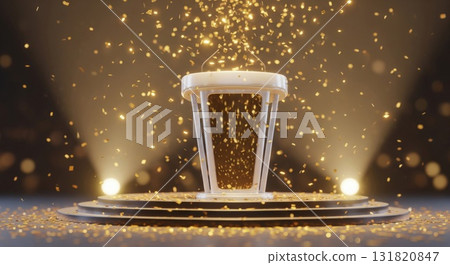 Illuminated Stage with White Podium and Golden Confetti Shower in Warm Lighting Illuminated Stage with White Podium and Golden Confetti Shower in Warm Lighting 131820847
