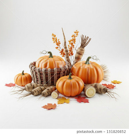 Festive Fall Harvest Arrangement with Orange Pumpkins and Root Vegetables on White Background 131820852