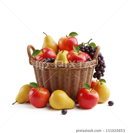 Wicker Basket Full of Fresh Apples Pears and Grapes Against White Background 131820853