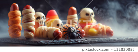Delicious Halloween-themed appetizers are displayed on a tray, showcasing creative designs like spiders and pumpkins for a festive party atmosphere, banner 131820885