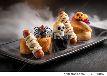 Colorful Halloween-themed snacks are arranged on a tiered stand, featuring cupcakes and hot dogs, perfect for a festive party atmosphere with spooky decor 131820887