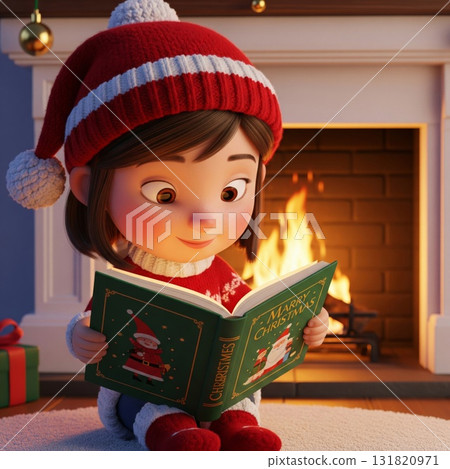 Animated Girl Reading Christmas Book by Fireplace with Festive Decorations 131820971