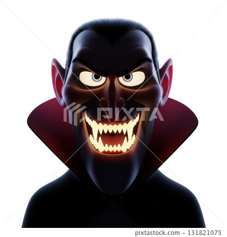 Cartoon Vampire Portrait with Glowing Fangs in Dark Red and Black Costume on White Background Cartoon Vampire Portrait with Glowing Fangs in Dark Red and Black Costume on White Background 131821075