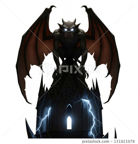 Gargoyle on Dark Gothic Tower with Glowing Eyes and Dramatic Wing Display 131821078
