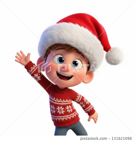 Happy Cartoon Boy in Red Christmas Sweater and Santa Hat Waving on White Background 131821098