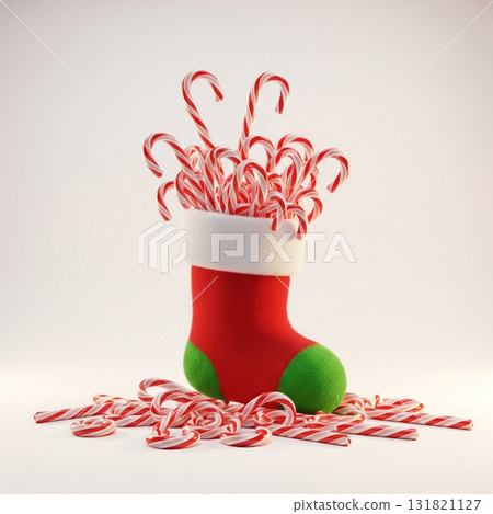 Christmas Stocking Overflowing with Candy Canes on White Background Festive Holiday Still Life Christmas Stocking Overflowing with Candy Canes on White Background Festive Holiday Still Life 131821127