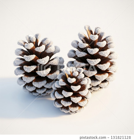 Three Frosty Pinecones on White Background with Soft Lighting Details 131821128
