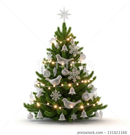 Decorated Green Christmas Tree with Silver Ornaments and String Lights on White Background Decorated Green Christmas Tree with Silver Ornaments and String Lights on White Background 131821168