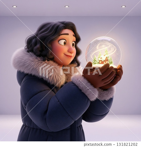 Young Woman Holding Snow Globe in Fur Hooded Jacket Against Gray Background Young Woman Holding Snow Globe in Fur Hooded Jacket Against Gray Background 131821202