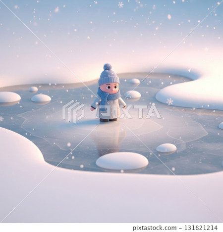 Cartoon Child Figure Stands on Frozen Pond with Snowflakes Falling Down Cartoon Child Figure Stands on Frozen Pond with Snowflakes Falling Down 131821214