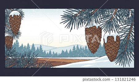Pixel Art Winter Landscape with Snow Covered Pine Cones and Trees Graphic Illustration 131821246