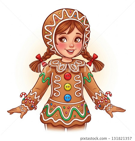 Gingerbread Girl with Braids Smiling in Festive Decorated Outfit on White Background Gingerbread Girl with Braids Smiling in Festive Decorated Outfit on White Background 131821357