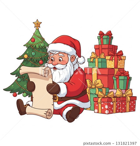 Santa Claus Reading List near Christmas Tree with Gift Stack Isolated 131821397