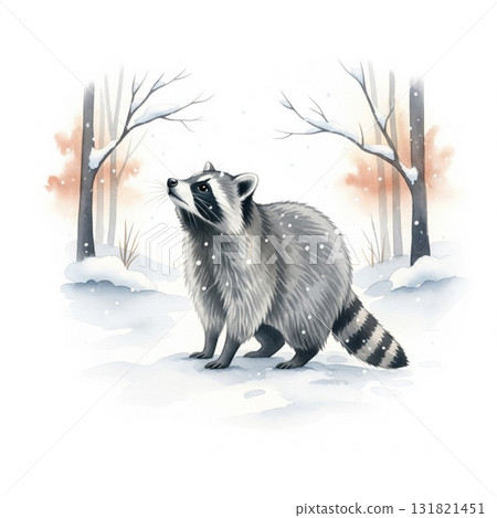 Watercolor Raccoon Standing in Snowy Landscape with Bare Trees and Falling Snowflakes Watercolor Raccoon Standing in Snowy Landscape with Bare Trees and Falling Snowflakes 131821451