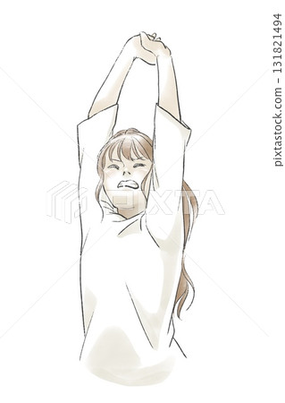 A woman stretching after waking up A woman stretching during a break from desk work A woman stretching after waking up A woman stretching during a break from desk work 131821494
