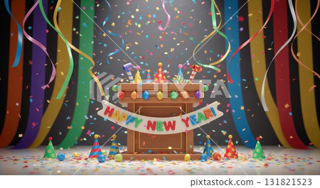 Celebratory New Year Scene with Confetti and Colorful Decorations on Gray Background 131821523