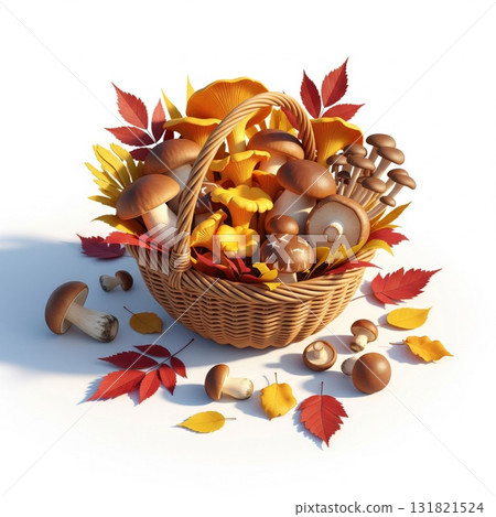 Wicker Basket Filled with Assorted Mushrooms and Autumn Leaves Isolated on White 131821524