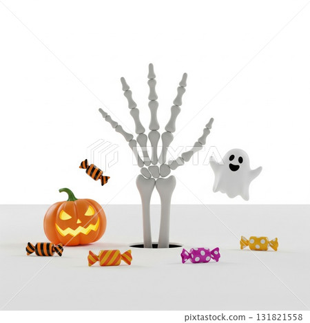 Halloween Scene with Orange Pumpkin and Candy against White Background 131821558