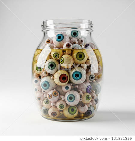 Glass Jar Filled with Assorted Eyeballs in Liquid on White Background 131821559