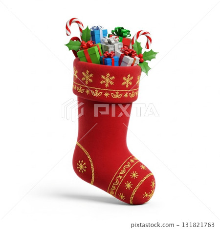 Festive Red Christmas Stocking Filled with Gifts and Candy Canes on White Background Festive Red Christmas Stocking Filled with Gifts and Candy Canes on White Background 131821763