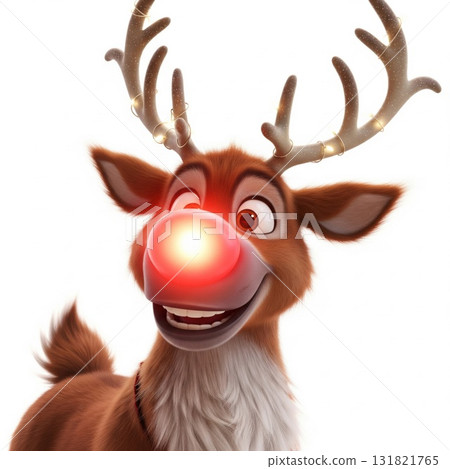 Smiling Reindeer with Glowing Red Nose and Antlers Decorated with Light String Smiling Reindeer with Glowing Red Nose and Antlers Decorated with Light String 131821765