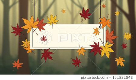 Autumnal Leaves and Blank Hanging Sign Amidst Forest Illustration 131821848
