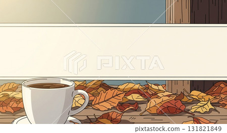Illustration of White Mug of Coffee with Autumn Leaves on Brown Table 131821849
