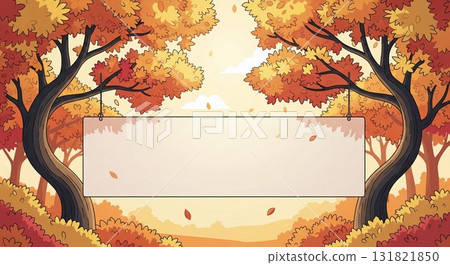 Autumnal Pixel Art Landscape with Suspended Empty Banner and Orange Hued Foliage 131821850