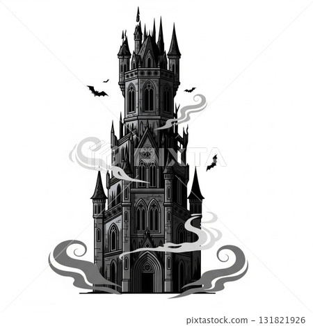 Pixelated Black and Gray Gothic Tower with Bats and Smoke on White Background 131821926