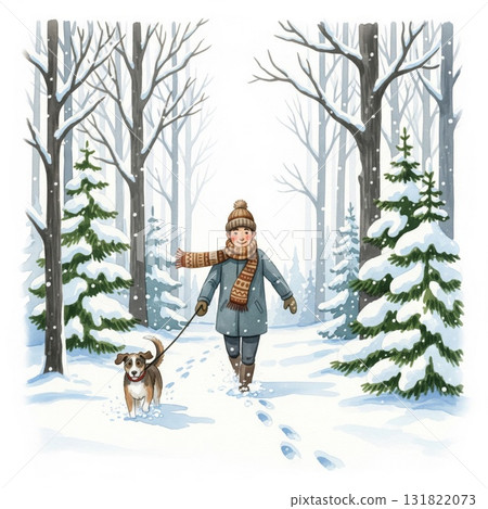 Child Walking Dog on Snowy Path Through Forest with Trees and Snow Covered Conifers 131822073