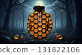 Halloween Theme Pixel Art Hoodie Displayed in Dark Forest Scene with Pumpkins 131822106