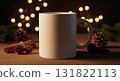 White Ceramic Mug on Wooden Surface with Pinecones Cinnamon Sticks and String Lights 131822113