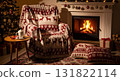 Cozy Christmas Fireplace Scene with Armchair and Festive Red White Patterned Textile 131822114