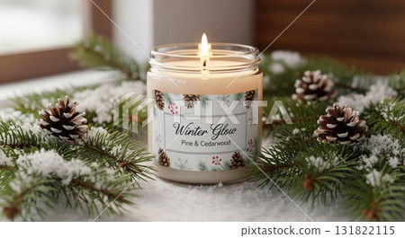 Festive Candle With Pine Branches and Snowflakes on White Blanket for Christmas 131822115