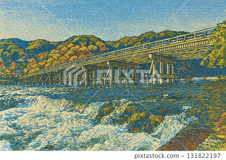 京都嵐山、渡月橋、桂川、木版畫 京都嵐山、渡月橋、桂川、木版畫 131822197