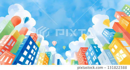 藍天和有趣的城鎮建設（水彩畫） 131822388