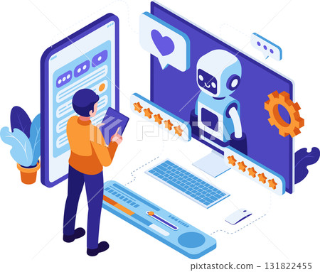 Isometric AI Powered Customer Support Interaction with User 131822455