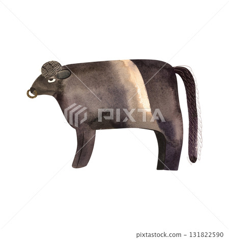 The Belted Galloway is a traditional Scottish breed of beef cattle. Cow or Bull. Character for packaging, children's book and encyclopedia. Isolated watercolor illustration in retro style. Clipart. The Belted Galloway is a traditional Scottish breed of beef cattle. Cow or Bull. Character for packaging, children's book and encyclopedia. Isolated watercolor illustration in retro style. Clipart. 131822590