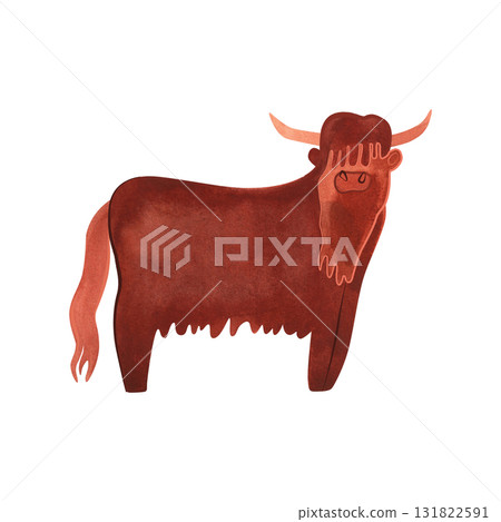 The Highland Cow is a Scottish breed of rustic cattle. Cow or Bull. Character for packaging, children's book and encyclopedia. Isolated watercolor illustration in retro style. Clipart. The Highland Cow is a Scottish breed of rustic cattle. Cow or Bull. Character for packaging, children's book and encyclopedia. Isolated watercolor illustration in retro style. Clipart. 131822591