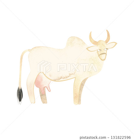 Malvi or Malavi, also Manthani or Mahadeopuri, is breed of zebu cattle, Indian cow. Character for packaging, children's book and encyclopedia. Isolated watercolor illustration in retro style. Clipart. 131822596