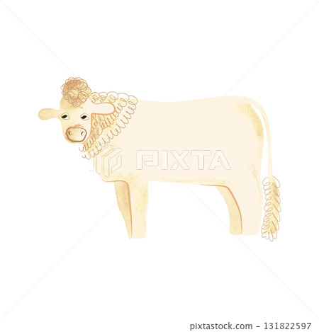 The Charolais Cow is a French breed of taurine beef cattle. Bull. Character for packaging, children's book and encyclopedia. Isolated watercolor illustration in retro style. Clipart. The Charolais Cow is a French breed of taurine beef cattle. Bull. Character for packaging, children's book and encyclopedia. Isolated watercolor illustration in retro style. Clipart. 131822597