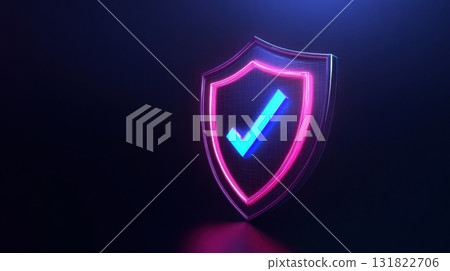 Digital shield with checkmark glowing in neon colors against a dark background emphasizes protection and security Digital shield with checkmark glowing in neon colors against a dark background emphasizes protection and security 131822706