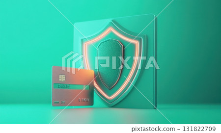 Digital security concepts with a shield symbol and credit card under a green light environment Digital security concepts with a shield symbol and credit card under a green light environment 131822709