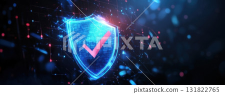 Digital shield representing cybersecurity protection with glowing effects in a futuristic setting 131822765