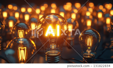 Glow of light bulbs illuminates the acronym AI, representing advanced technology and innovation in a creative setup 131822834