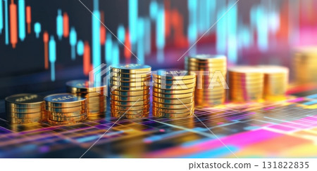Stacked golden coins against a vibrant financial graph showcasing market trends and investment growth 131822835