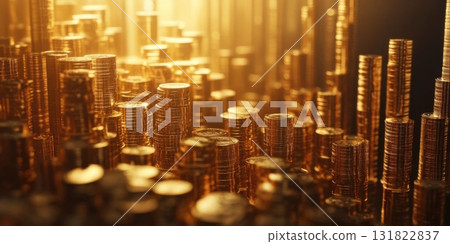 Glimmering stacks of coins illuminated by warm light create a stunning display of wealth and abundance in a vibrant atmosphere 131822837