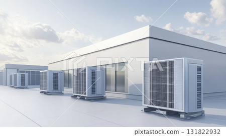 Rooftop air conditioning units against a clear blue sky in an urban setting Rooftop air conditioning units against a clear blue sky in an urban setting 131822932
