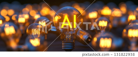 Glow of innovation shines through light bulbs featuring AI in a creative workspace atmosphere Glow of innovation shines through light bulbs featuring AI in a creative workspace atmosphere 131822938