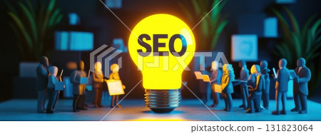 Professionals gathered around a glowing light bulb with SEO written on it in a creative marketing setting Professionals gathered around a glowing light bulb with SEO written on it in a creative marketing setting 131823064
